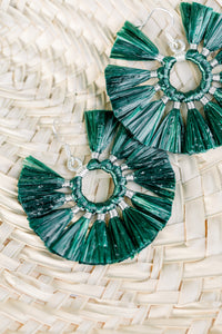 THE CONNER DARK GREEN raffia circle fan tassel earrings