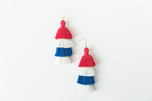 THE FIRST LADY 3” red, white & blue America 4th of July tassel earrings #tasseleverything