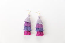 Load image into Gallery viewer, THE JENNA 3” purple shade 4-TIER tassel earrings. Cystic Fibrosis Awareness. Cystic Fibrosis Foundation