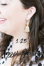 Load image into Gallery viewer, THE CARLY 1-1/4” DENIM/light blue tassel earrings