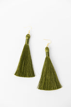 Load image into Gallery viewer, THE EMMA 3.5” MISTLETOE deep green silky tassel earrings