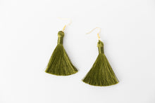Load image into Gallery viewer, THE ELIZABETH 2” deep green silky tassel earrings
