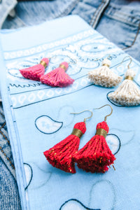 THE SARA (with no h)  1-1/4” RED cotton & gold tinsel tassel earrings