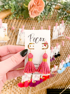 THE MADDY PINK 1-1/4” cotton & gold tinsel tassel earrings