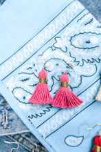 Load image into Gallery viewer, THE MADDY PINK 1-1/4” cotton &amp; gold tinsel tassel earrings