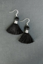 Load image into Gallery viewer, THE ANNIE 1-1/4” SILVER black tassel earrings