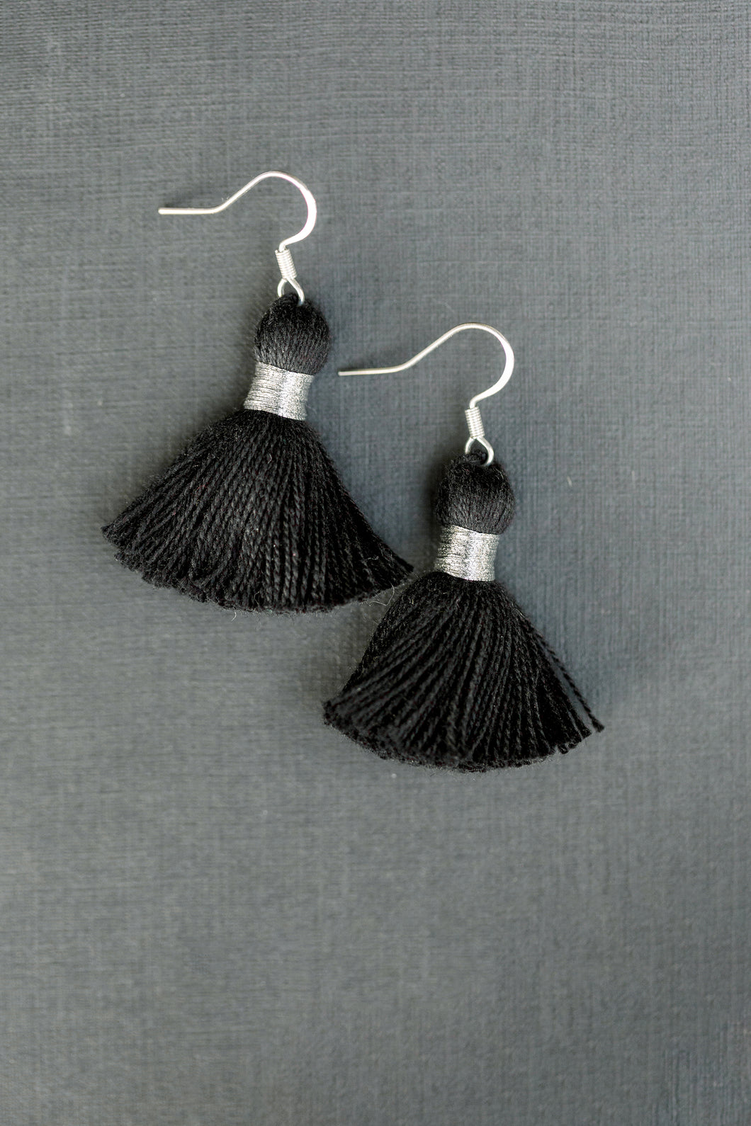 THE ANNIE 1-1/4” SILVER black tassel earrings