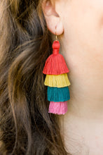 Load image into Gallery viewer, THE CHRISTINA 3” RED, GOLD, TURQUOISE AND PINK 4-tier tassel earrings