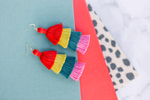 THE CHRISTINA 3” RED, GOLD, TURQUOISE AND PINK 4-tier tassel earrings