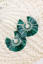 Load image into Gallery viewer, THE CONNER DARK GREEN raffia circle fan tassel earrings
