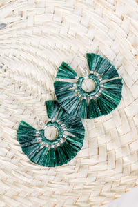 THE CONNER DARK GREEN raffia circle fan tassel earrings