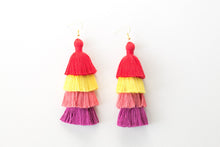 Load image into Gallery viewer, THE AMBER 3” red, yellow, pink and purple tassel earrings
