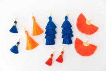 Load image into Gallery viewer, THE JULIA 1-1/4” SILVER deep orange tassel earrings
