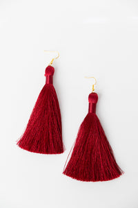 THE FLORENCE 3.5” HOLLY berry deep red silky tassel earrings