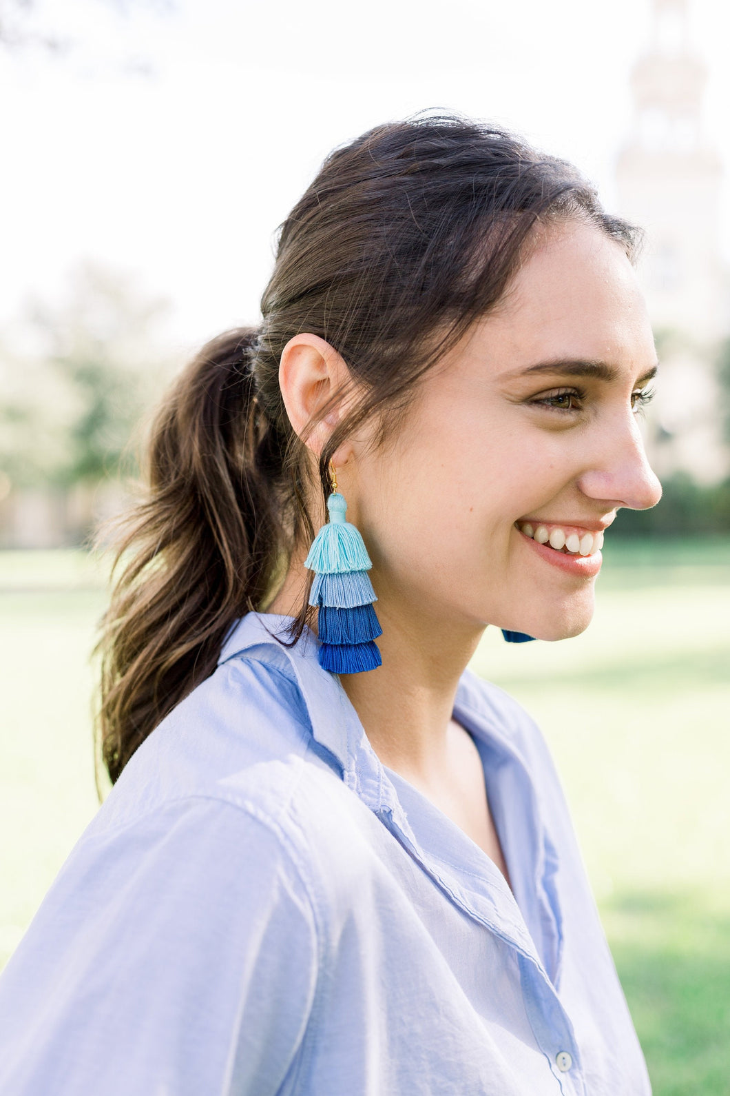 THE STACEY 3” blue ombré tassel earrings
