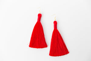 THE DENISE 3.5” bright red silky tassel earrings