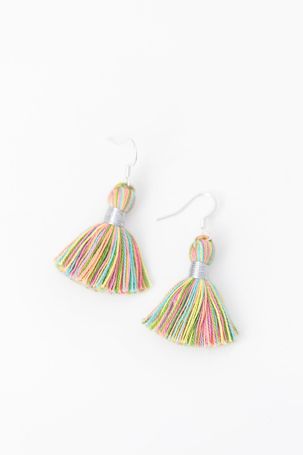 THE LYNN SILVER 1-1/4” pastel multi-color tassel earrings