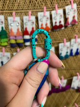 Load image into Gallery viewer, THE ANNA 5.5” aqua, teal &amp; navy cotton purse tassel / keychain tassel with Splatter Painted Enamel Carabiner Oval Screw Lock Clasp