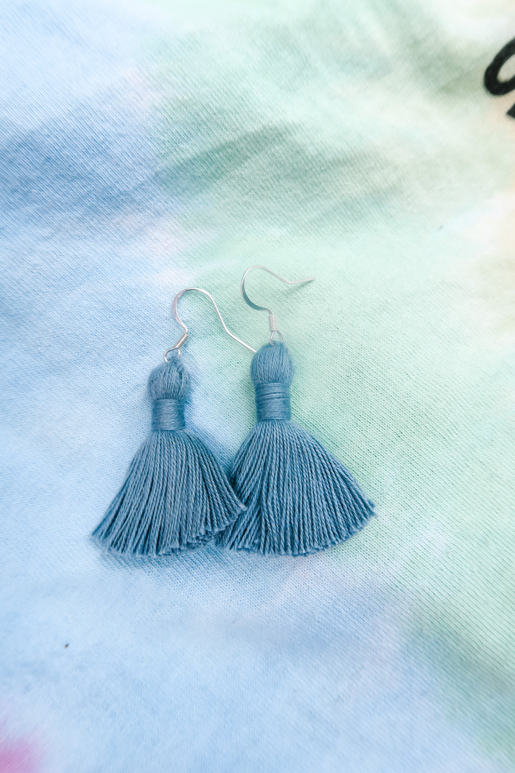 THE CARLY 1-1/4” DENIM/light blue tassel earrings