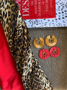 THE CINDY RED raffia circle fan tassel earrings