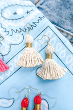 Load image into Gallery viewer, THE KELSEY 1-1/4” WHITE cotton &amp; gold tinsel tassel earrings