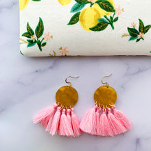 Load image into Gallery viewer, THE Taylor bright brass + light pink tassel earrings