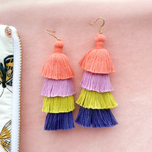Load image into Gallery viewer, THE ALINDA PEACH, PURPLE, CITRON + NAVY OMBRÉ 4-tier tassel earrings
