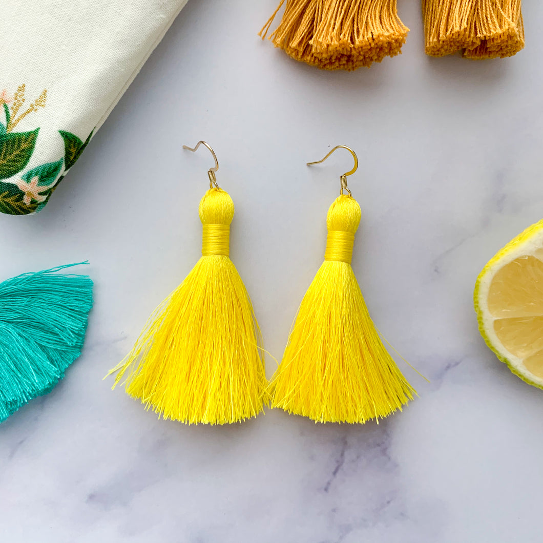 THE PATRICIA MINI 2” bright yellow silky tassel earrings