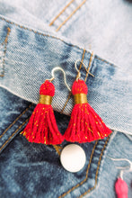 Load image into Gallery viewer, THE SARA (with no h)  1-1/4” RED cotton &amp; gold tinsel tassel earrings
