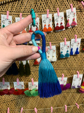 Load image into Gallery viewer, THE ANNA 5.5” aqua, teal &amp; navy cotton purse tassel / keychain tassel with Splatter Painted Enamel Carabiner Oval Screw Lock Clasp