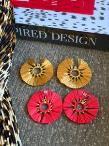 THE CINDY RED raffia circle fan tassel earrings