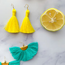 Load image into Gallery viewer, THE PATRICIA MINI 2” bright yellow silky tassel earrings