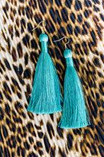 Load image into Gallery viewer, THE JUDITH 3.5” LIGHT TURQUOISE silky tassel earrings
